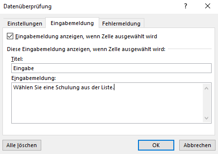 Eingabe Anweisung für eine Excel Dropdown Liste