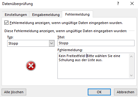 Fehlermeldung für Excel Dropdown Listen