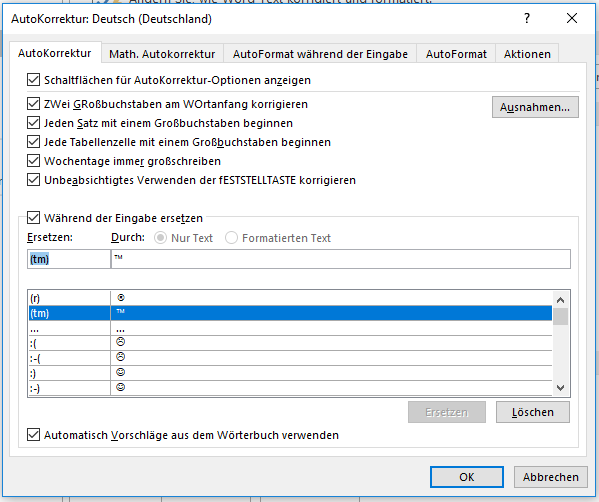 Autokorrektur Tastenkombinationen