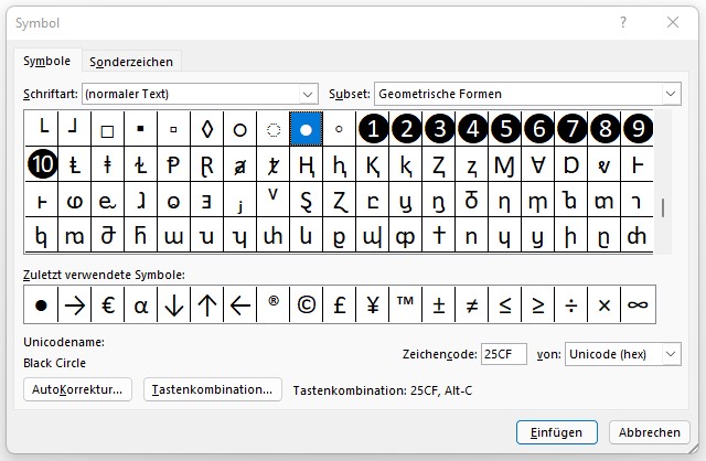 symbole word weitere
