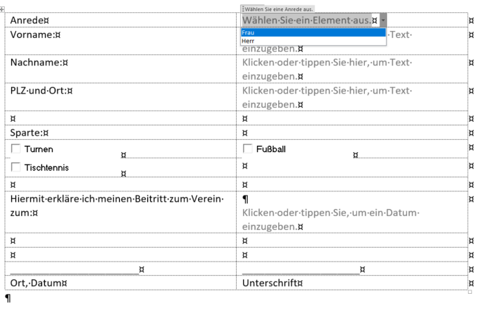 Ein ausfüllbares Word Formular.