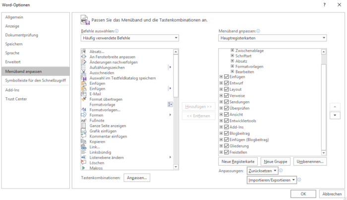 Word Formular erstellen: Menüband anpassen