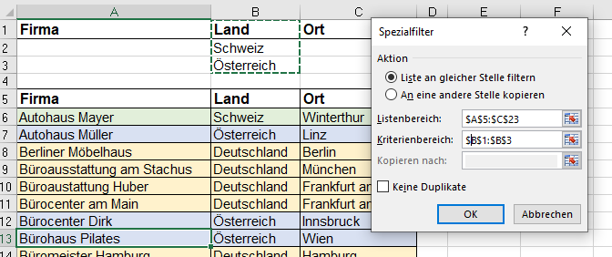 Spezialfilter einrichten