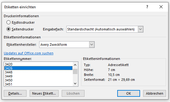 Etiketten drucken: Optionen wählen