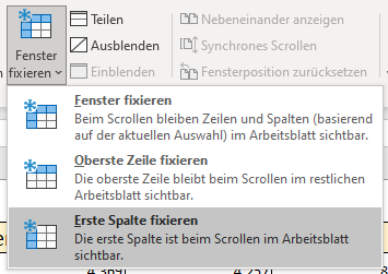 Excel Spalte fixieren
