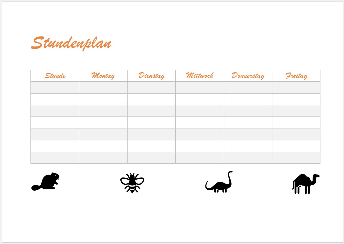 Stundenplan Vorlage Word Tiere