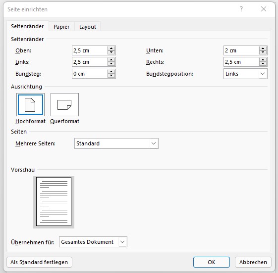 word seite einrichten optionen