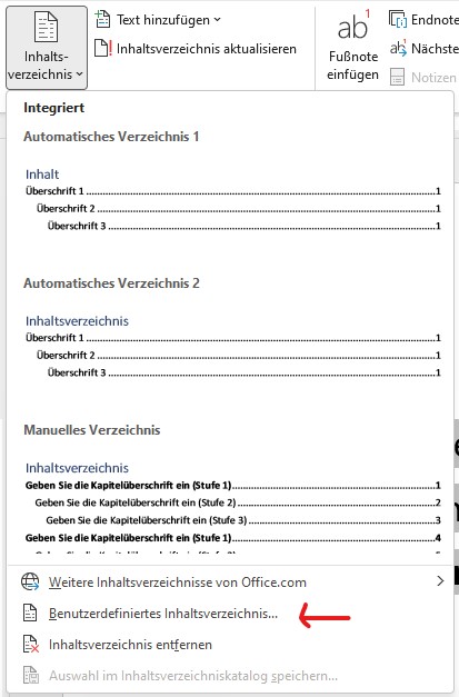 benutzerdefiniertes inhaltsverzeichnis word erstellen