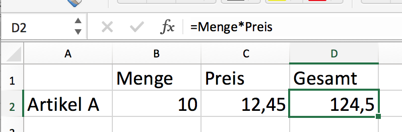 Menge mal Preis in Excel