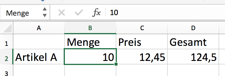 Namen vergeben für Zelle in Excel