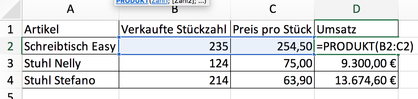 Produkt Zahlen multiplizieren in Excel