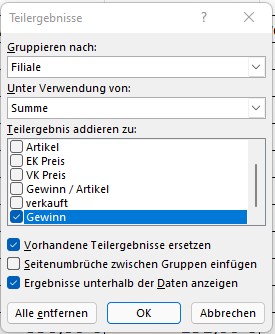 excel teilergebnis summe gewinn