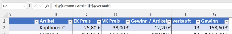 intelligente tabelle excel formeln